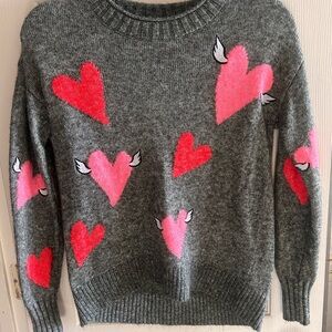Lou & Grey Gray and Pink Crew Neck Sweater with Heart Design